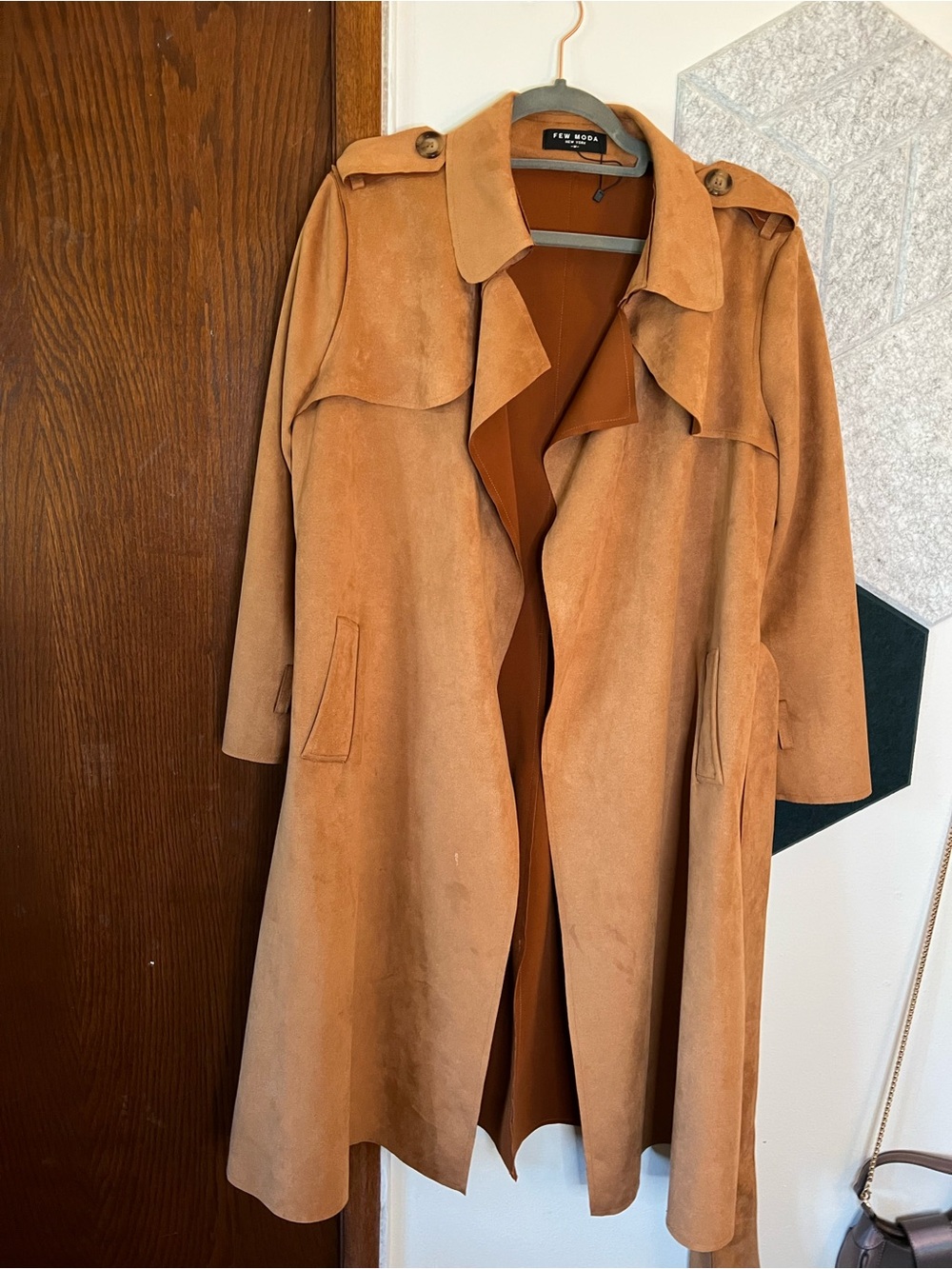 Faux Suede Trench Coat in Camel by New Look